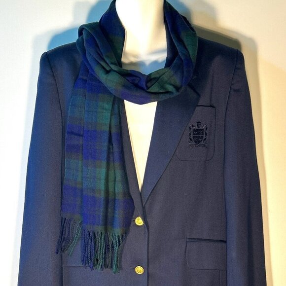 Cashmaire Italian Navy & Green Tartan Plaid Scarf  parisian old money academia - Picture 3 of 6